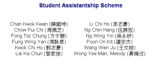 ��r���: Student Assistantship Scheme
&nbsp;
&nbsp;
Chan Kwok Kwan (����[)
Chow Pui Chi (�P�ت�)
Fong Tsz Chung (��l�o)
Fung Wing Yan (������)
Kwok Chi Ho (���ӻ�)
Lai Ka Chun (���a�T)
Li Chi Ho (���ӻ�)
Ng Chin Hang (��i��)
Ng Wing Yin (�d�ç�)
Poon On Kit (��w�N)
Wang Wen Ju (�����)
Wong Yee Man, Melody (�����Z)
&nbsp;
